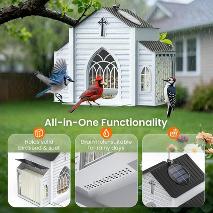 Solar-Powered Church-Style Bird Feeder - Decorative Hanging Garden Feeder