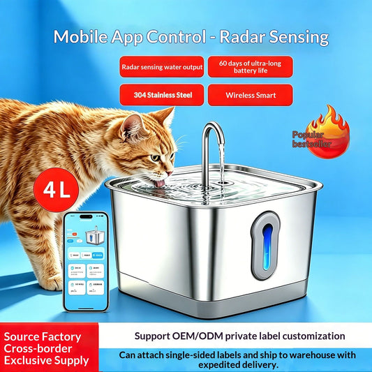 Automatic Cat Water Fountain - App Controlled, Battery Powered, Radar Sensor, 4L